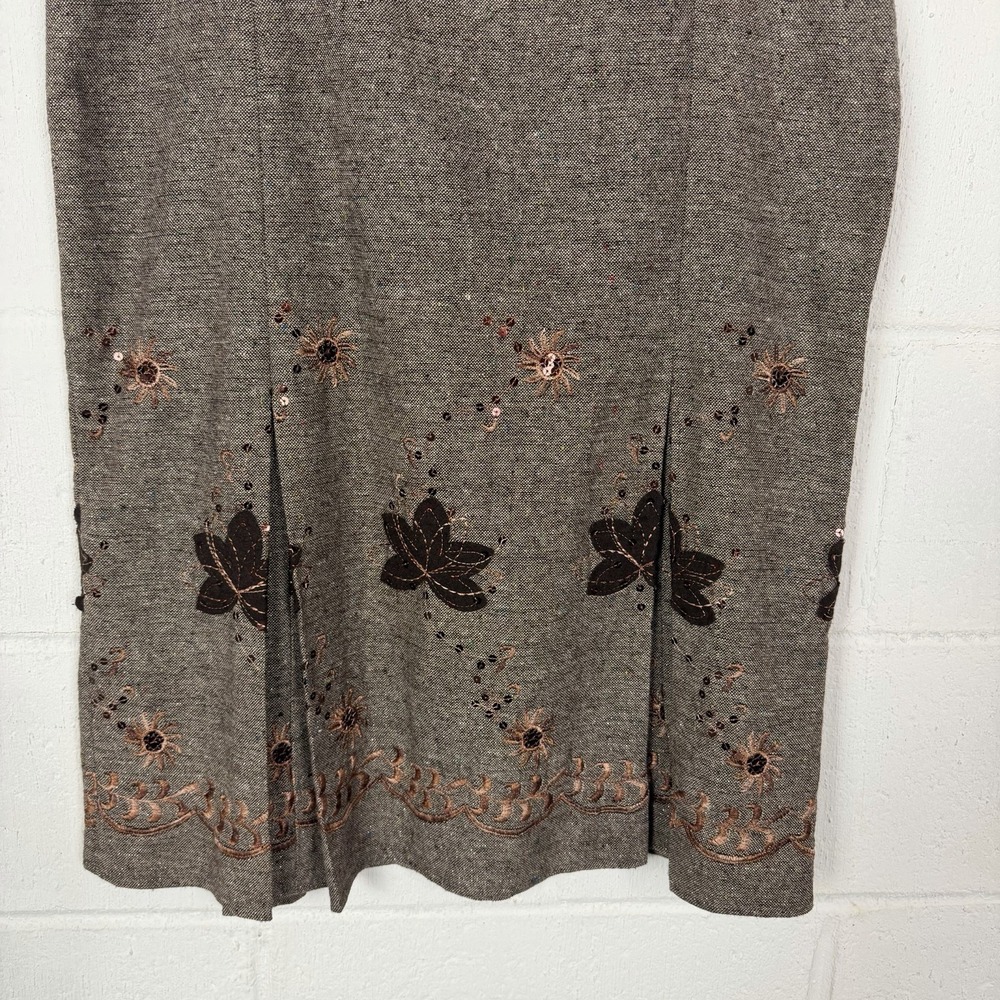 Womens Pleated Midi Skirt SZ 12 Brown Embroidery Sequins Celestial Academia Twee - Picture 4 of 14